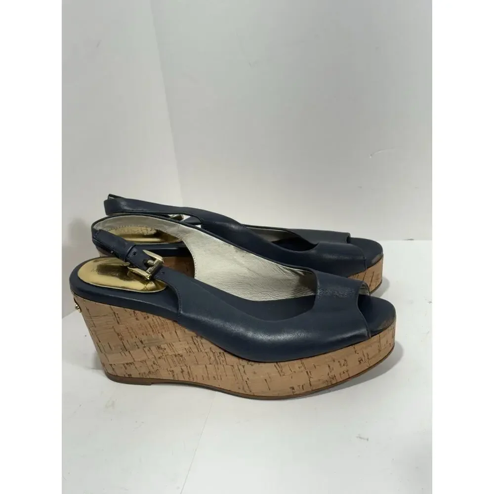 Michael Kors Women's Natalia Sling Back Wedge Cork‎ Sandal Leather Peep Toe 5M